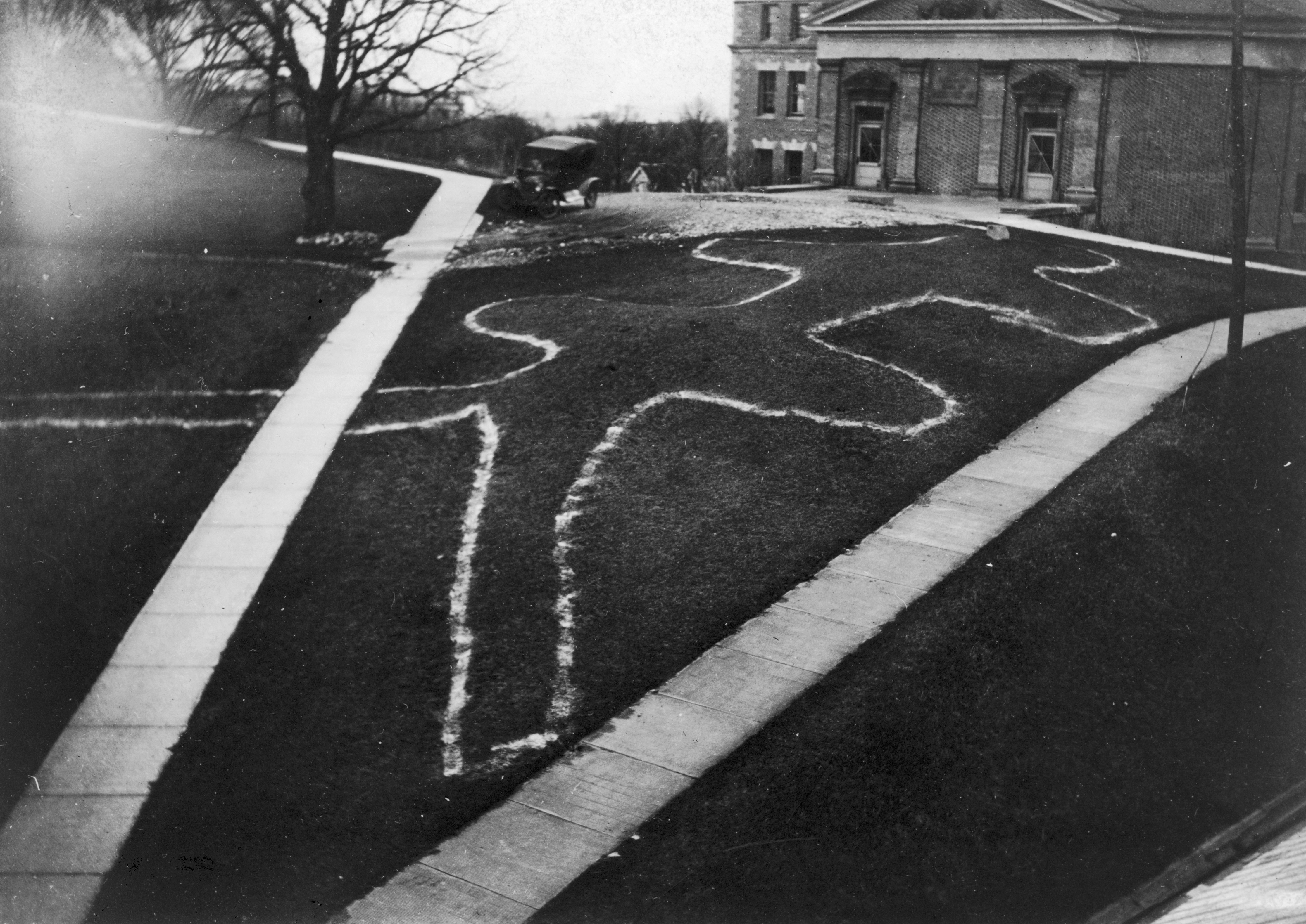 Elevated view of a double-tailed turtle effigy mound on Observatory Hill on the University of Wisconsin-Madison campus.
